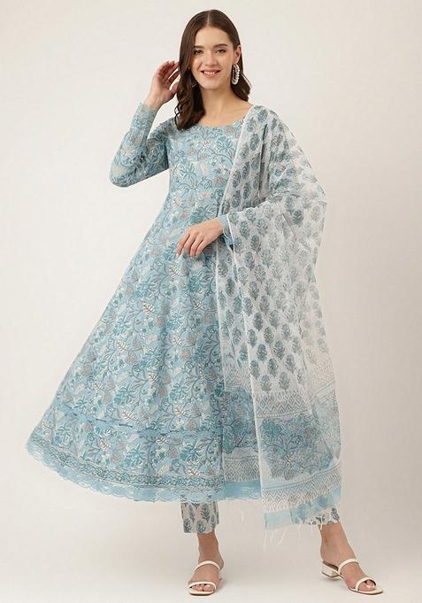 Sky Blue Floral Print Pure Cotton Kurta Set