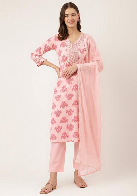 Pink Floral Print Pure Cotton Kurta Set