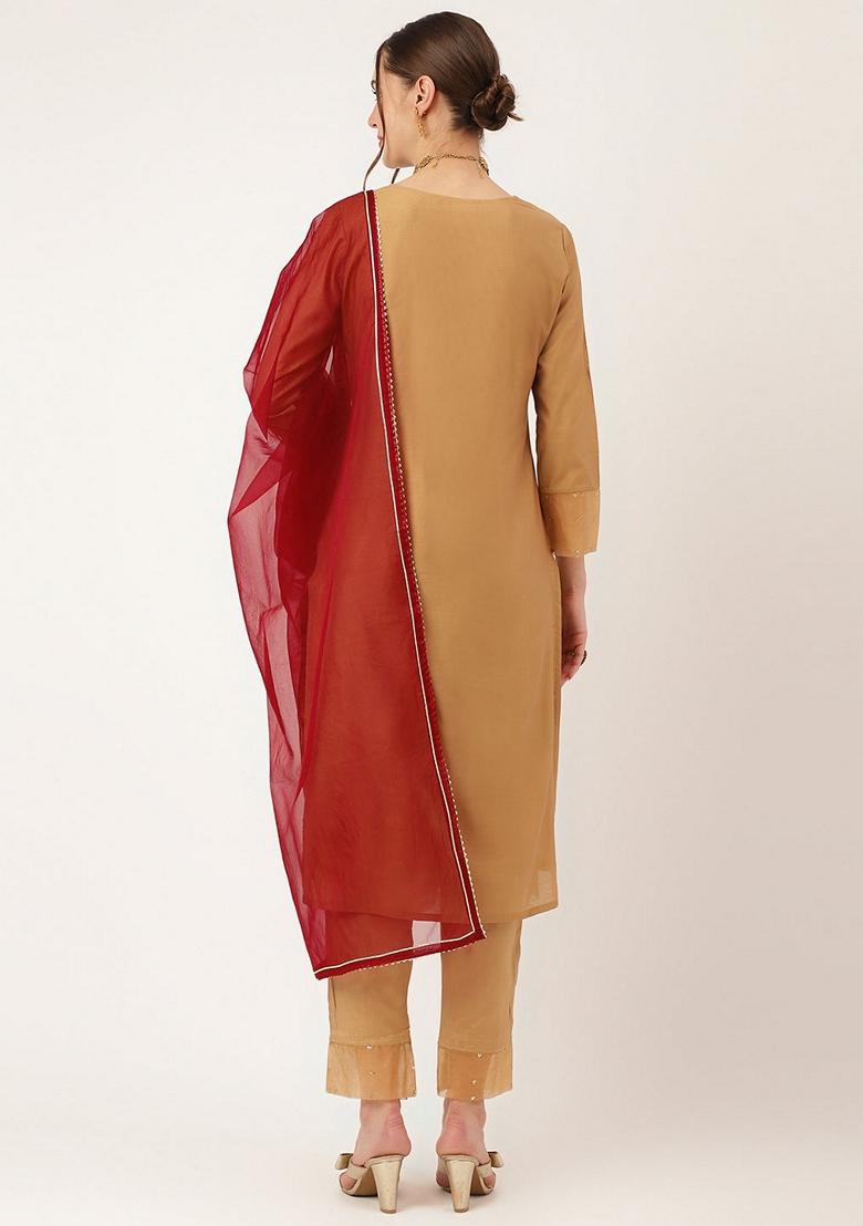 Brown Embroidered Chanderi Silk Kurta Set - Indya