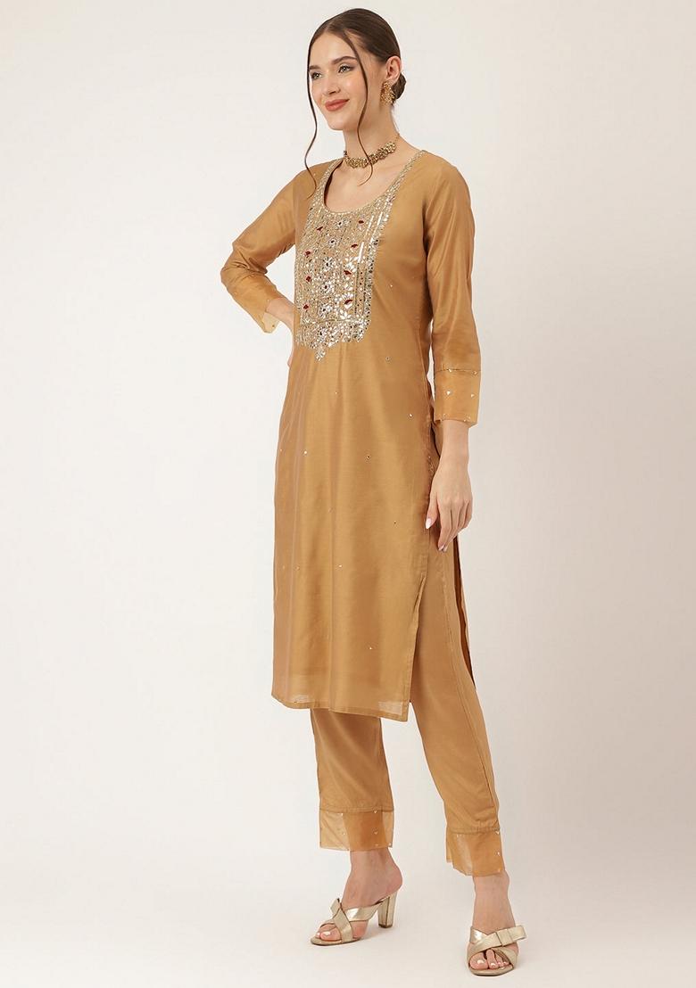 Brown Embroidered Chanderi Silk Kurta Set - Indya