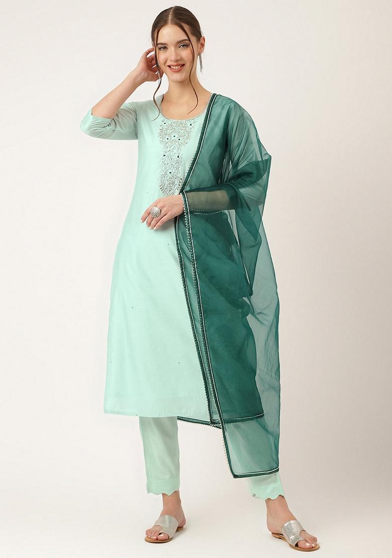 Sea Green Embroidered Chanderi Silk Kurta Set
