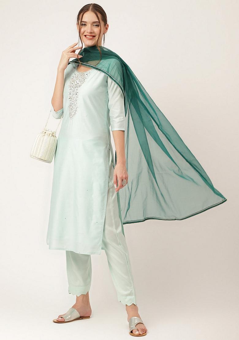Sea Green Embroidered Chanderi Silk Kurta Set