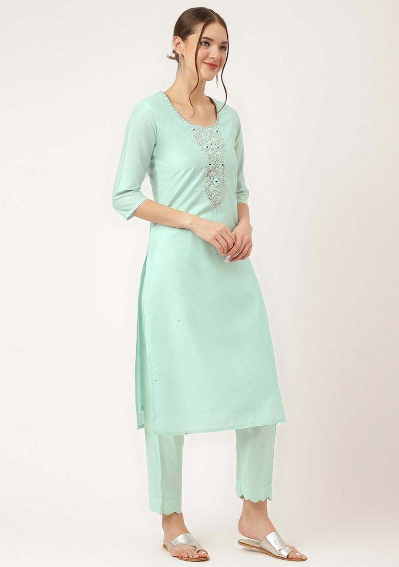 Sea Green Embroidered Chanderi Silk Kurta Set