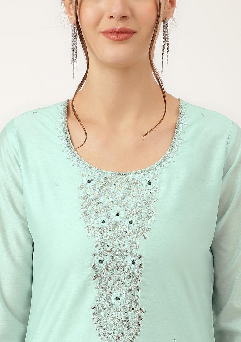 Sea Green Embroidered Chanderi Silk Kurta Set