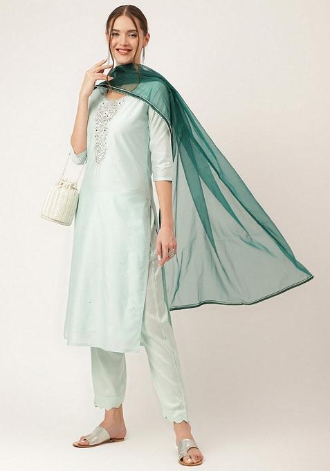 Sea Green Embroidered Chanderi Silk Kurta Set