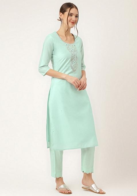 Sea Green Embroidered Chanderi Silk Kurta Set