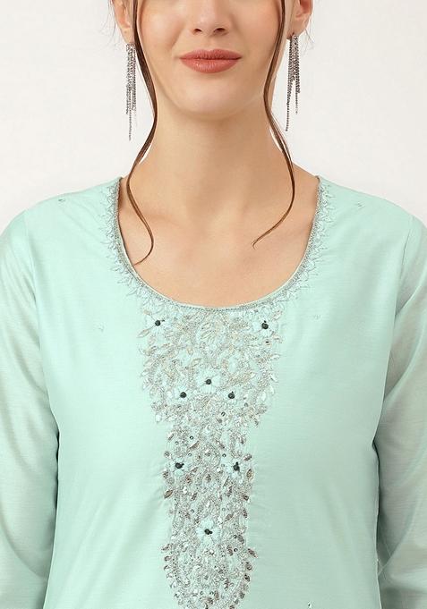 Sea Green Embroidered Chanderi Silk Kurta Set