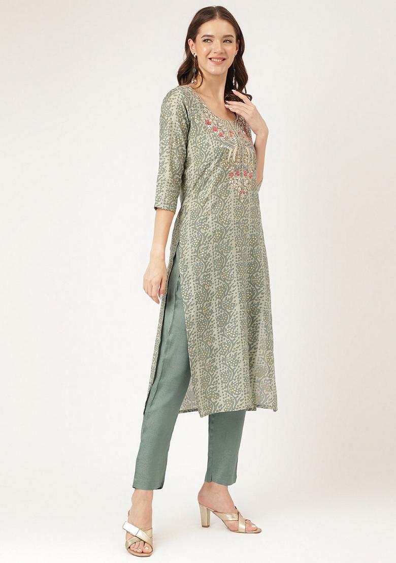 Green Floral Print Chanderi Silk Kurta Set - Indya