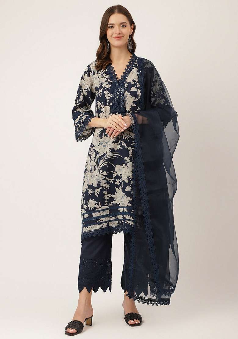 Navy Blue Embroidered Cotton Straight Kurta Set - Indya