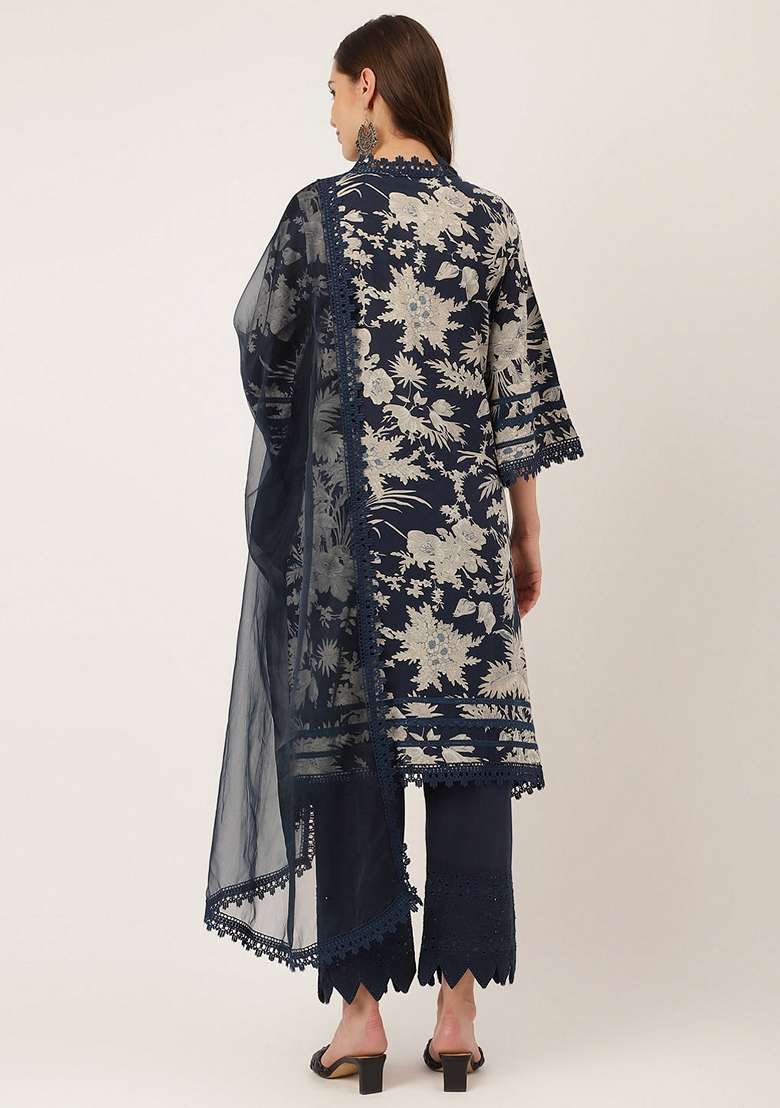 Navy Blue Embroidered Cotton Straight Kurta Set - Indya