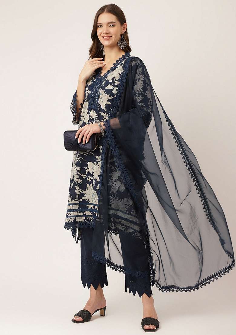 Navy Blue Embroidered Cotton Straight Kurta Set - Indya
