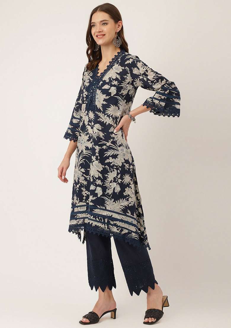 Navy Blue Embroidered Cotton Straight Kurta Set - Indya