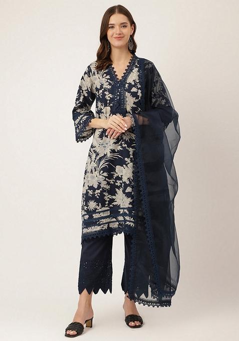 Navy Blue Floral Print Pure Cotton Kurta Set