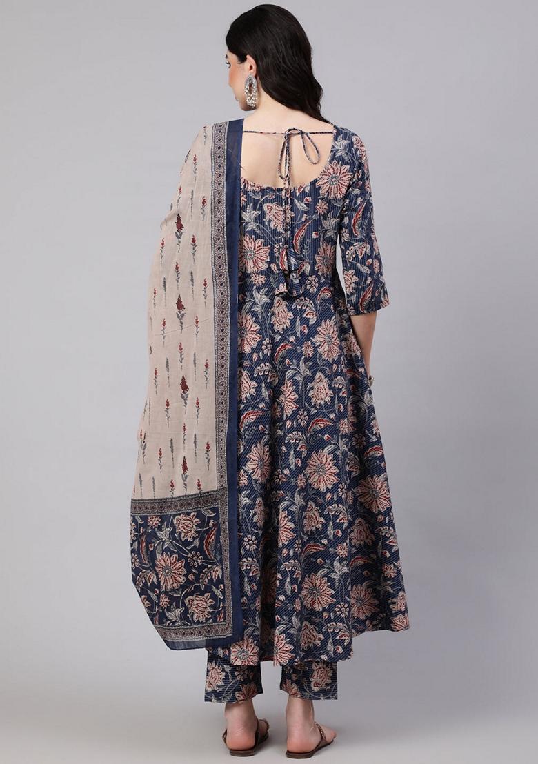 Blue Floral Print Cotton Anarkali Set