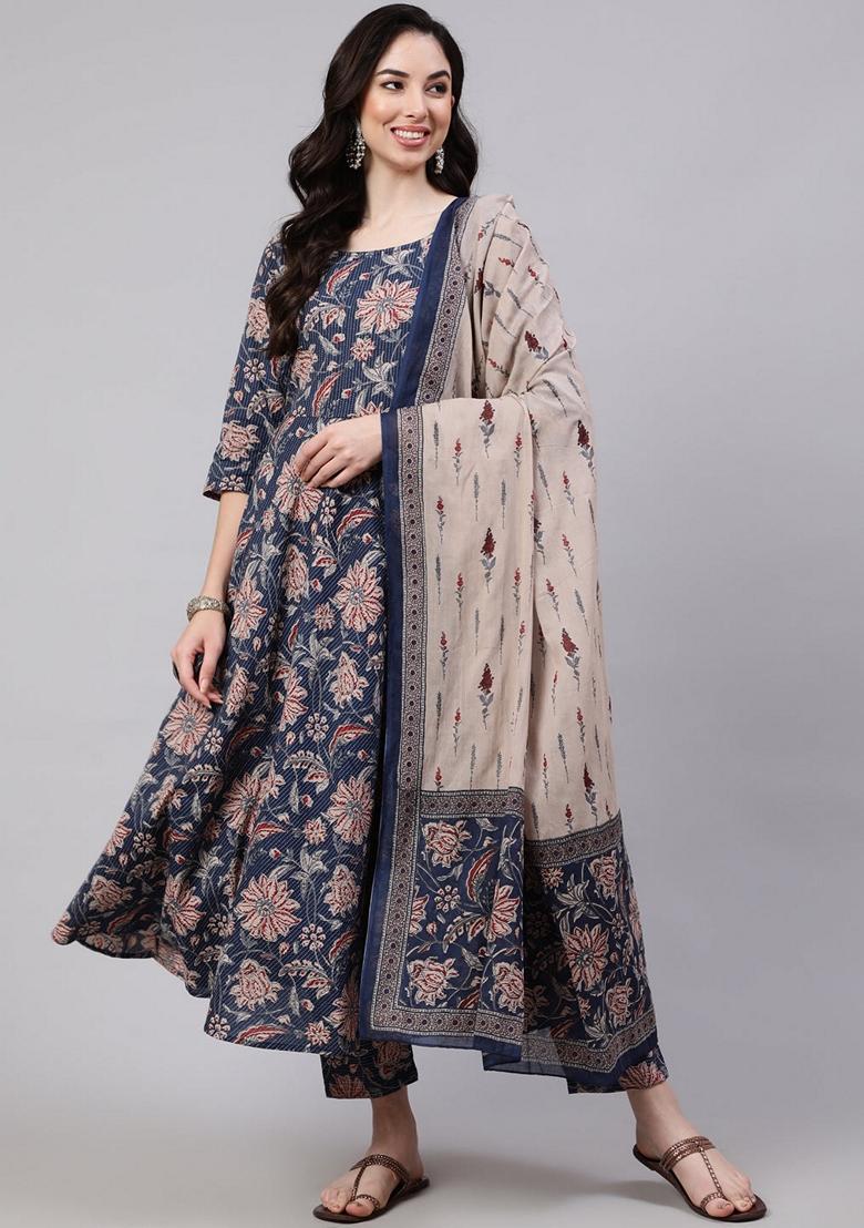 Blue Floral Print Cotton Anarkali Set