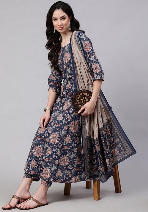 Blue Floral Print Cotton Anarkali Set