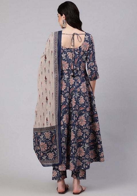 Blue Floral Print Cotton Anarkali Set