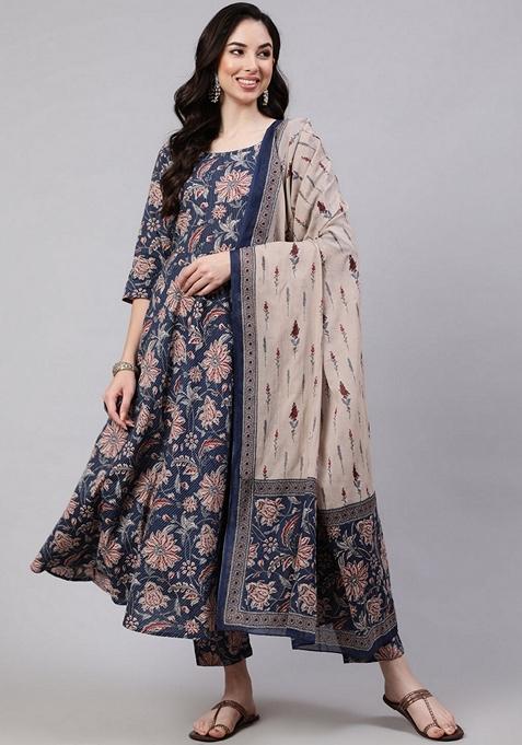 Blue Floral Print Cotton Anarkali Set