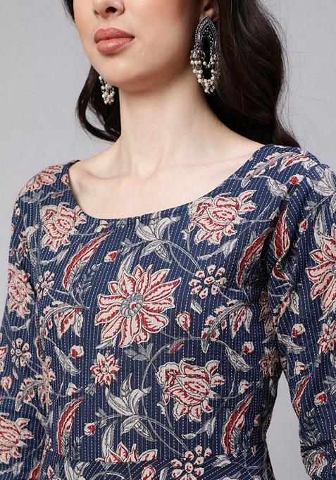 Blue Floral Print Cotton Anarkali Set
