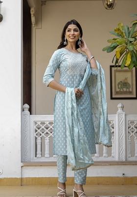 Blue Embroidered Pure Cotton Kurta Set