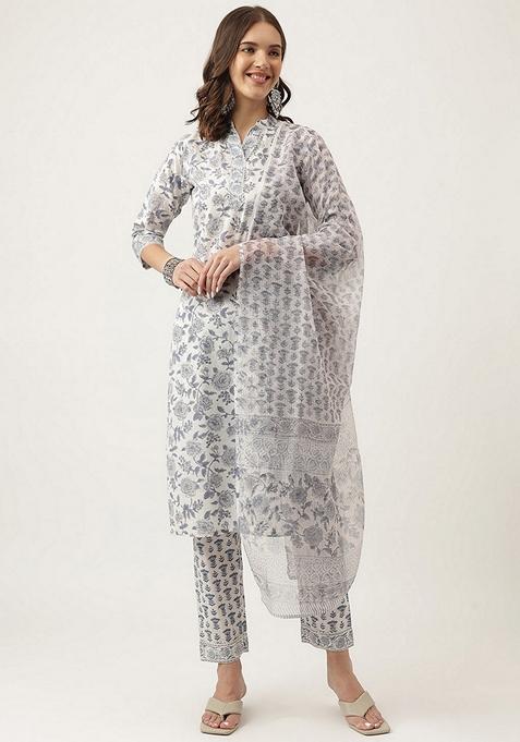 White Floral Print Cotton Kurta Set