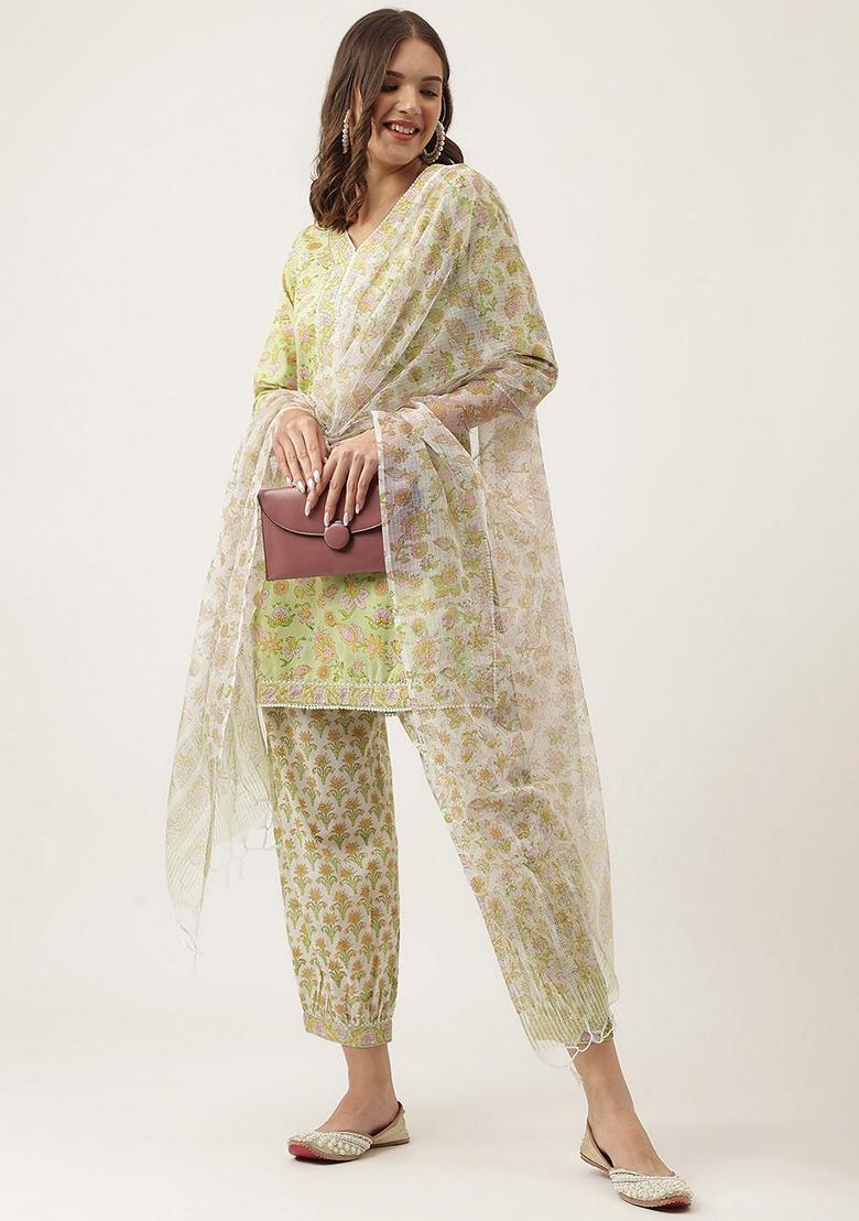 Green Floral Print Cotton Kurta Set