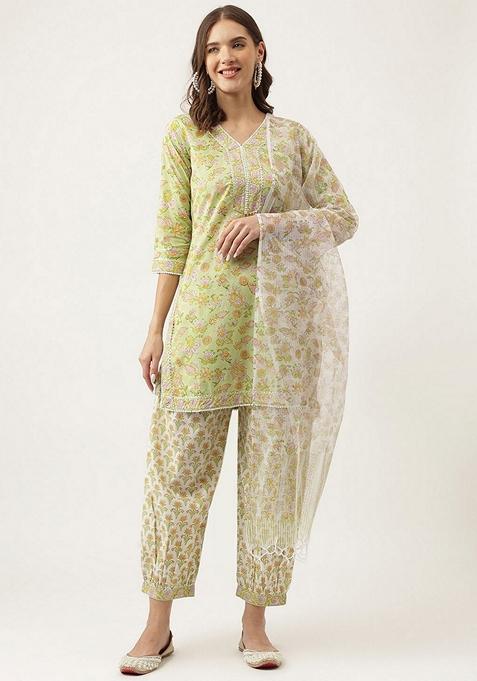 Green Floral Print Cotton Kurta Set