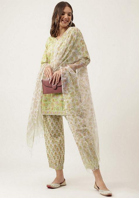 Green Floral Print Cotton Kurta Set