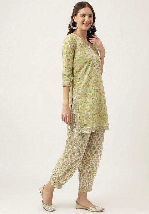 Green Floral Print Cotton Kurta Set