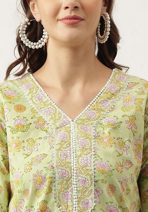 Green Floral Print Cotton Kurta Set
