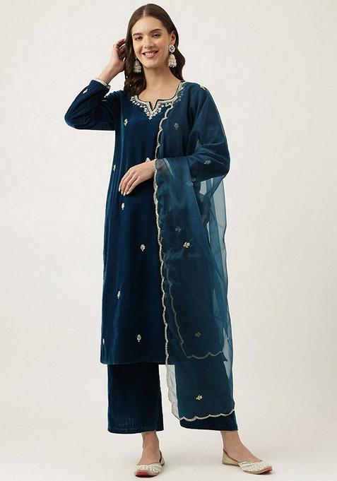 Blue Embroidered Velvet Kurta Set