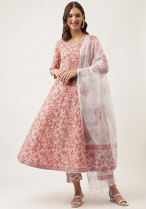 Pink Floral Print Cotton Anarkali Set