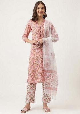 Pink Floral Print Cotton Kurta Set