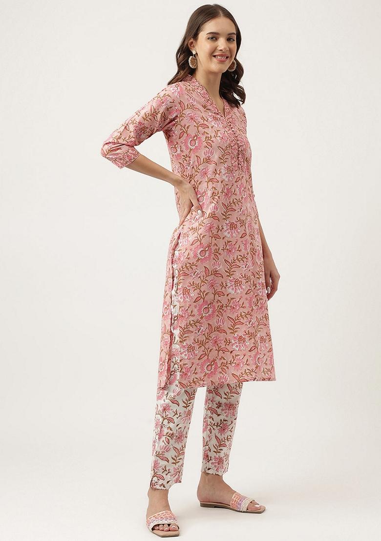 Pink Floral Print Cotton Kurta Set