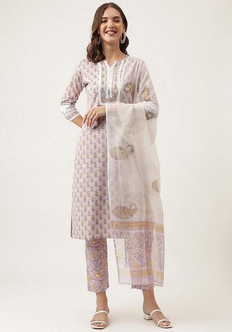 Purple Printed Cotton Kurta Set