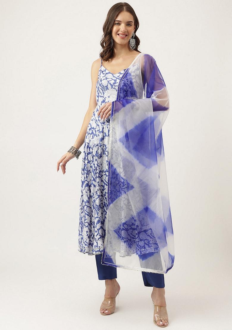 Blue Floral Print Silk Kurta Set