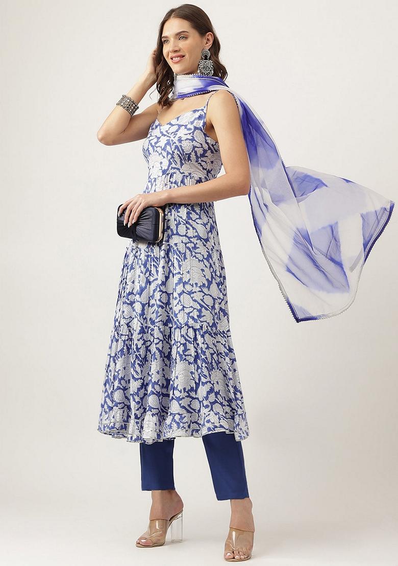 Blue Floral Print Silk Kurta Set