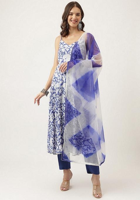 Blue Floral Print Silk Kurta Set