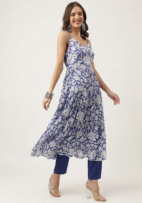 Blue Floral Print Silk Kurta Set