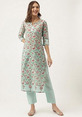 Green Floral Print Chanderi Kurta Set