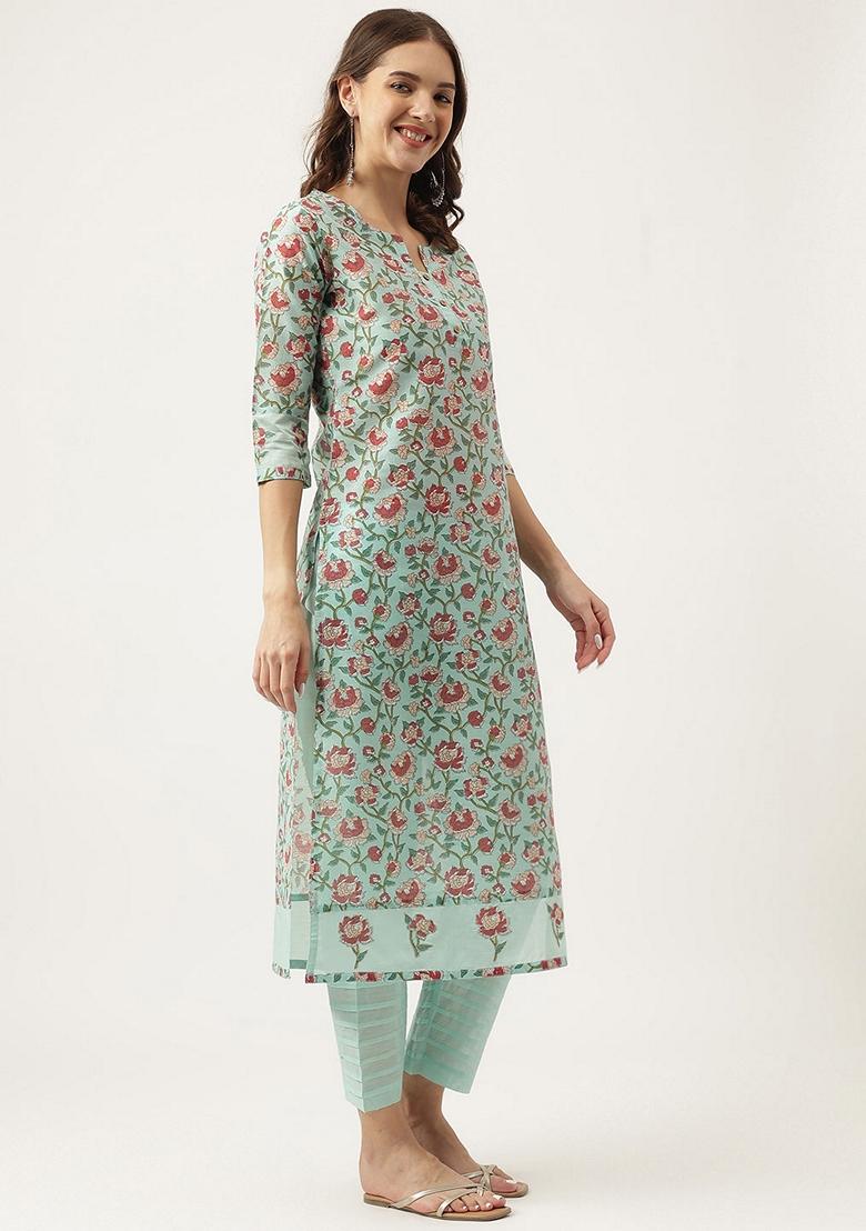 Green Floral Print Chanderi Kurta Set - Indya