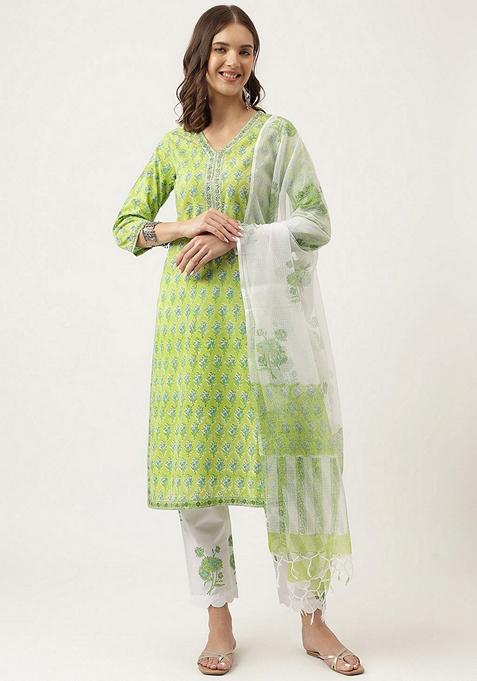 Green Floral Print Cotton Kurta Set