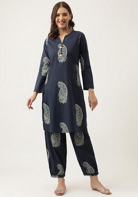 Blue Printed Cotton Kurta Set