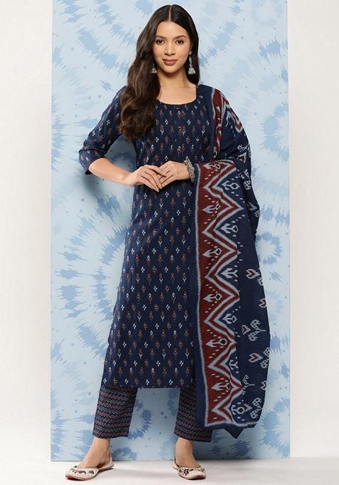 Blue Printed Pure Cotton Kurta Set