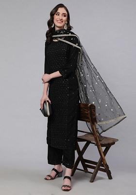 Black Sequin Work Rayon Straight Kurta Set