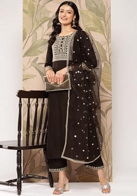 Brown Embroidered Viscose Rayon Palazzo Set