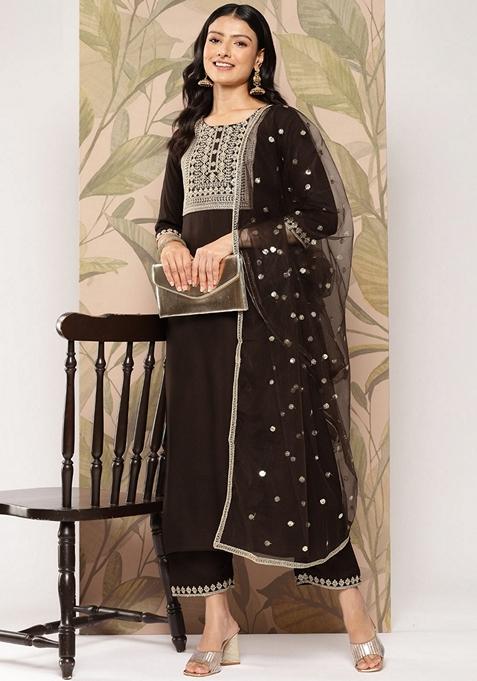 Brown Embroidered Viscose Rayon Palazzo Set