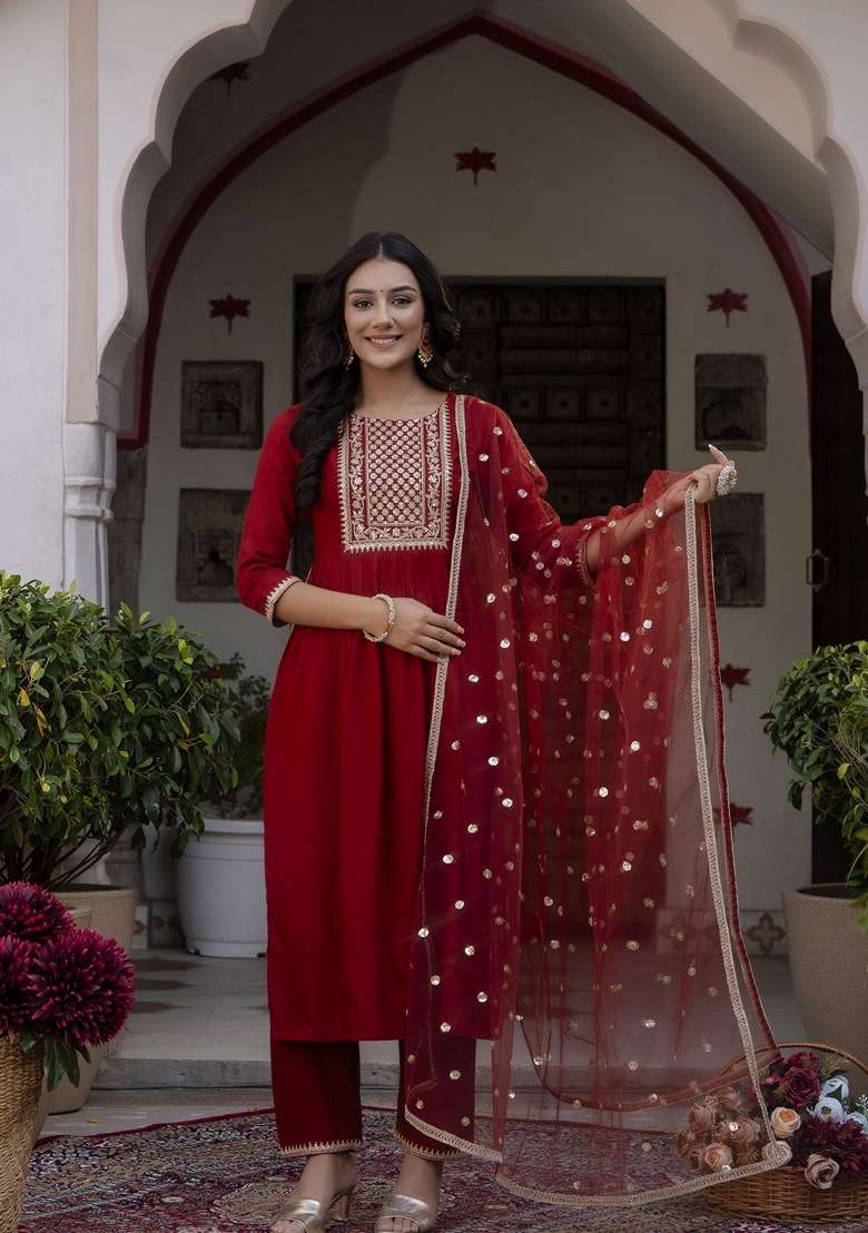 Maroon Embroidered Rayon Straight Kurta Set - Indya