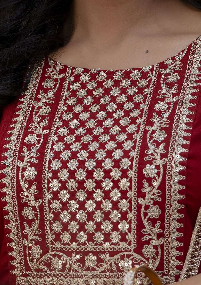 Maroon Embroidered Rayon Straight Kurta Set - Indya