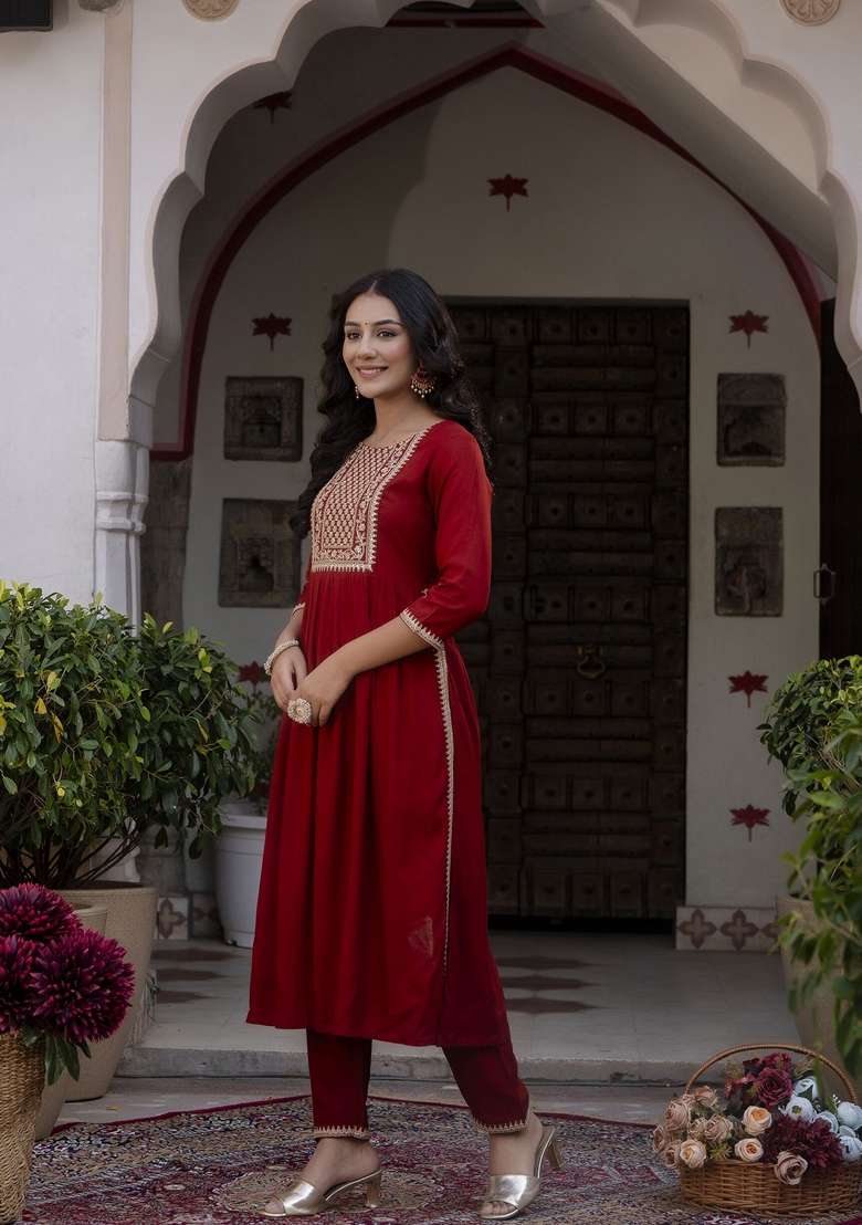Maroon Embroidered Rayon Straight Kurta Set - Indya